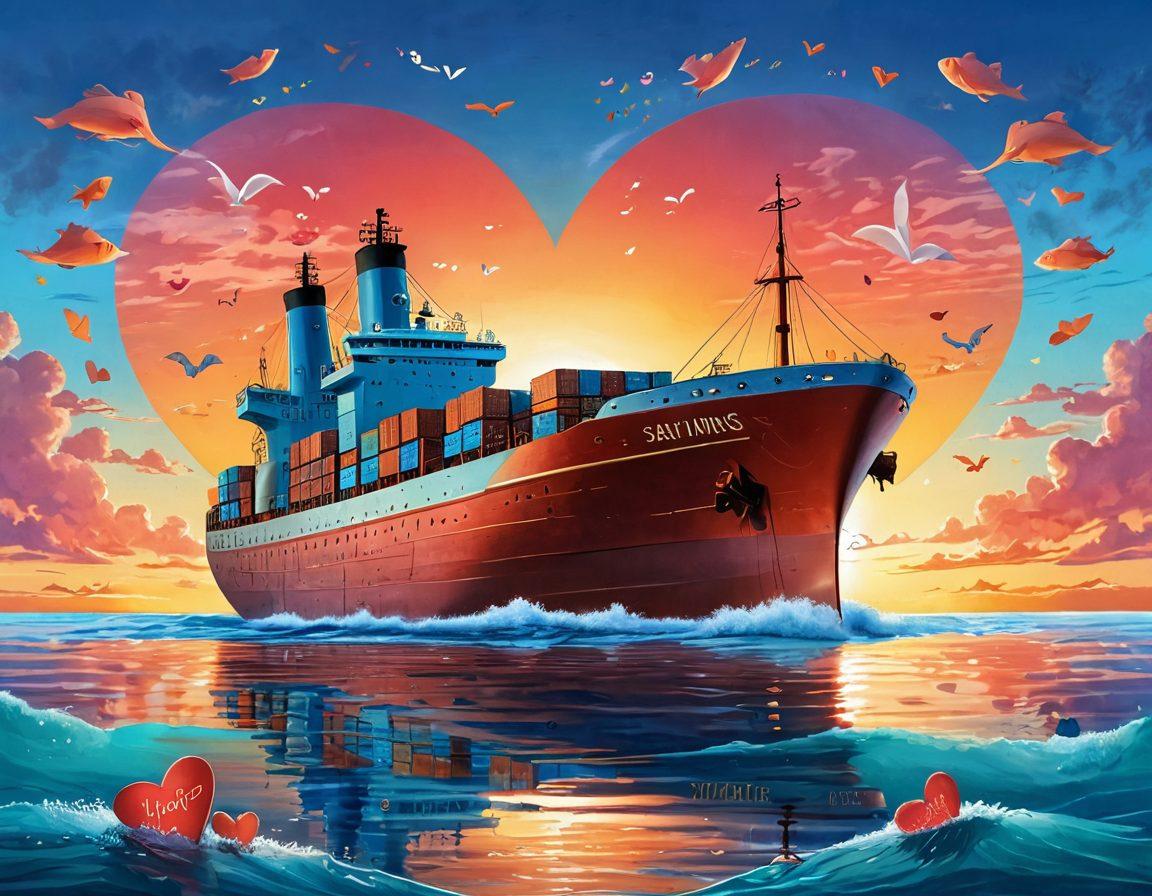 A whimsical illustration of a large, heart-shaped cargo ship sailing smoothly on calm blue seas, surrounded by floating packages adorned with love letters. In the background, a picturesque sunset casts a warm glow over the horizon, symbolizing hope and romance in shipping. Incorporate playful sea creatures holding nautical tools and hearts as they guide the ship along its journey. vibrant colors. whimsical art style.