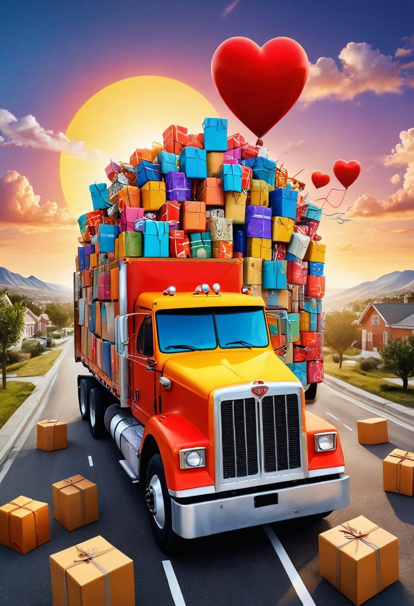 A whimsical scene depicting a heart-shaped cargo truck surrounded by vibrant packages with expressive faces showing joy and excitement. Above, a digital tracking map displays glowing delivery routes and markers, symbolizing optimal load tracking solutions. Soft clouds and a bright sun radiate warmth and positivity, capturing the essence of love in logistics. cartoon style. vibrant colors.